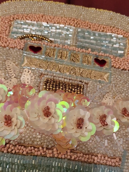 Just Married Novelty Car Clutch with Floral Sequin Accents Shoulder Strap Chain - Picture 2 of 4